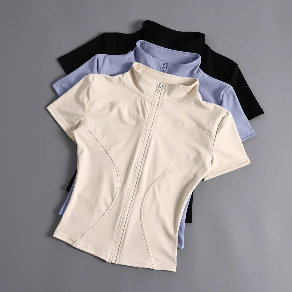 2025夏季新款裸感短袖T拉链健身衣女骑行服户外运动瑜伽训练上衣