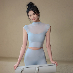 瑜伽服套装女2025夏季新款带胸垫运动短袖大码网纱普拉提健身上衣