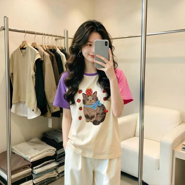 大码女装300短袖纯棉插肩袖上衣