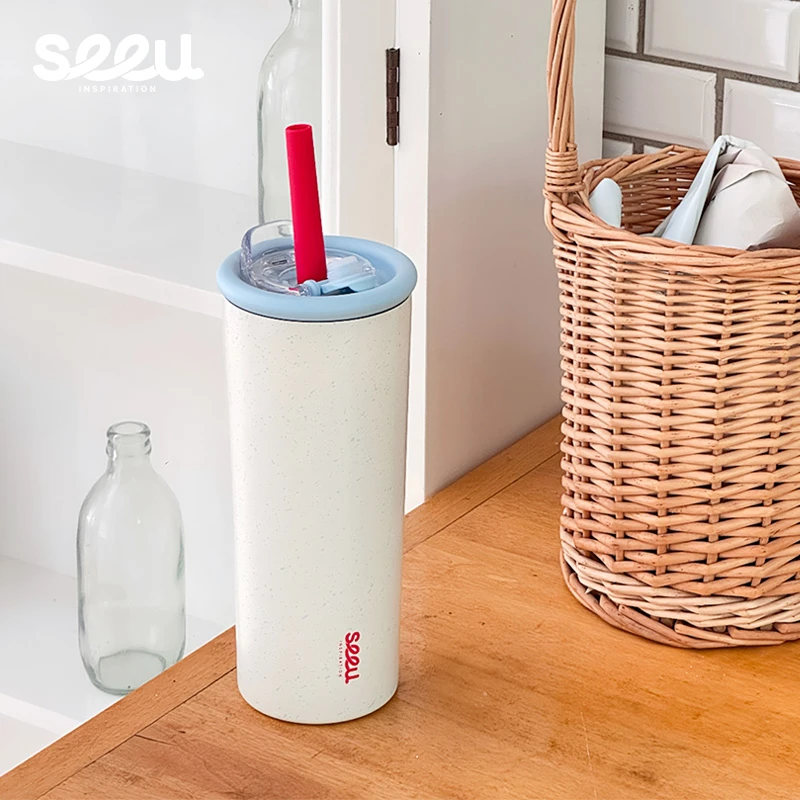 seeu蓝调泼墨保温杯小狗吸管杯