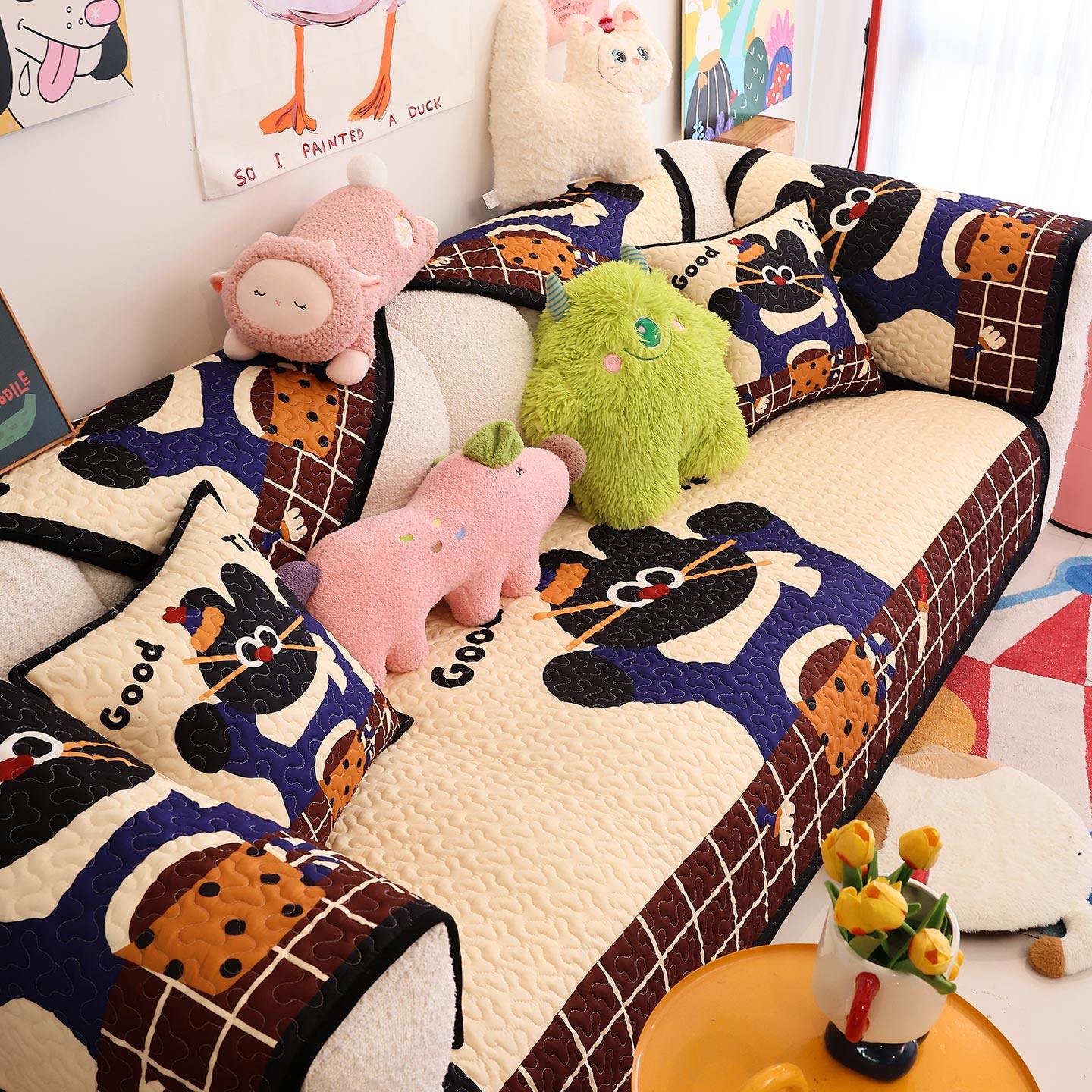 凡米特复古撞色猫咪沙发垫四季通用2026新款卡通高级感坐垫子盖布