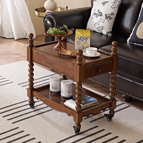 美式复古实木小推车可移动边几中古家用餐车小茶几客厅沙发侧边柜