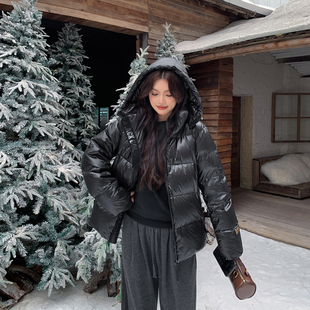 希同儿微胖90白鸭绒短款连帽羽绒服冬季加厚保暖大码男女黑色外套