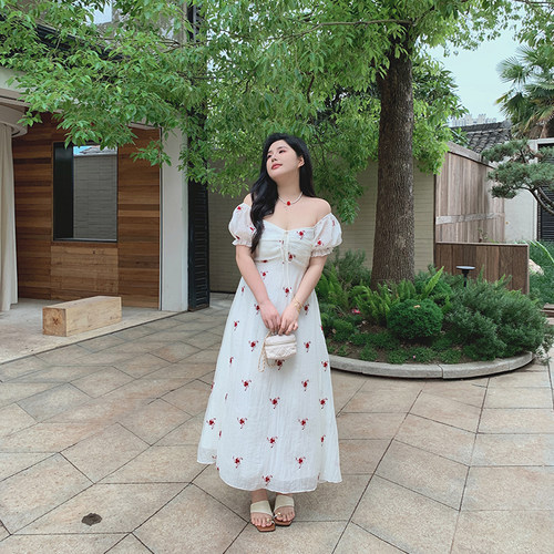 希同儿大码女装胖mm甜美高腰显瘦两穿绣花连衣裙收腰遮肚长裙子夏