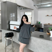 希同儿大码 春 高腰系带半身裙裤 女装 胖mm宽松显瘦辣妹斜肩卫衣套装