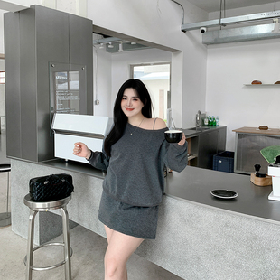 希同儿大码女装胖mm宽松显瘦辣妹斜肩卫衣套装高腰系带半身裙裤春