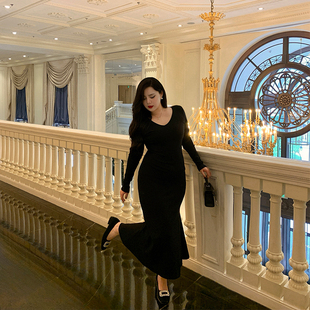 希同儿大码女装胖mm法式高级显瘦包臀鱼尾针织连衣裙遮肚打底长裙