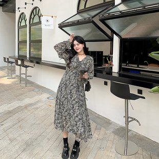 希同儿大码女装胖mm法式收腰显瘦抽褶碎花连衣裙遮肚百搭长裙子春