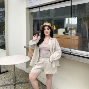 希同儿大码女装胖mm宽松显瘦慵懒100亚麻衬衫高腰遮肚短裤套装春