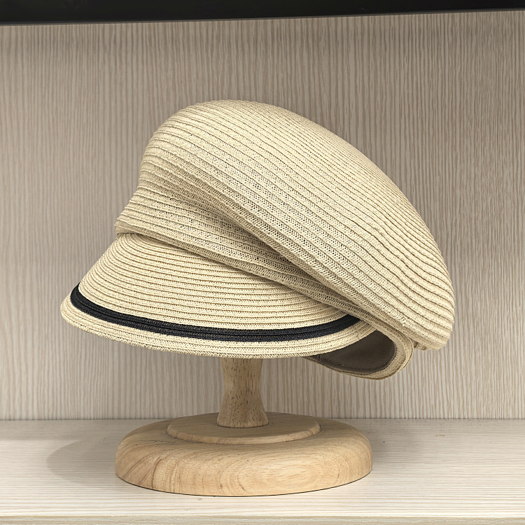 草帽日系C4增高斜顶撞色条纹草编贝雷帽女春夏季透气鸭舌帽防晒帽