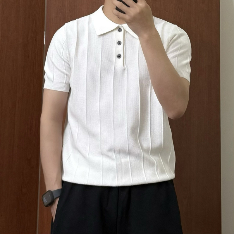 痞帅轻奢高级针织短袖polo衫男士2025夏季桂花针绣修身翻领T恤潮