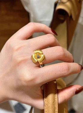 中古风金色拉丝玉兰花戒指女复古轻奢高级感食指戒精致时尚指环新