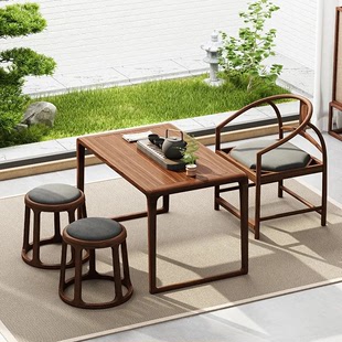 小户型阳台茶桌椅组合实木茶桌老榆木茶桌椅简约禅意泡茶台 新中式