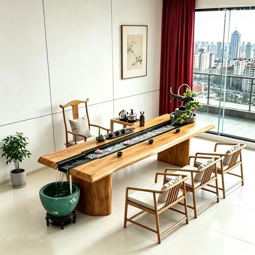 流水泡茶台养鱼景观原木大板茶桌