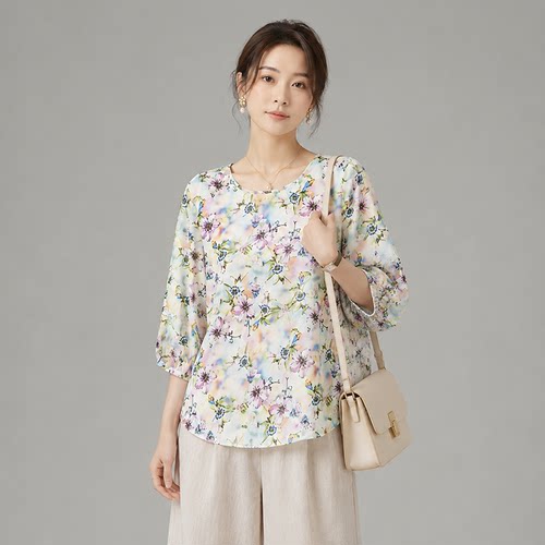 夏季新款复古印花薄款圆领七分袖T恤女宽松休闲宽松衬衣上衣4330