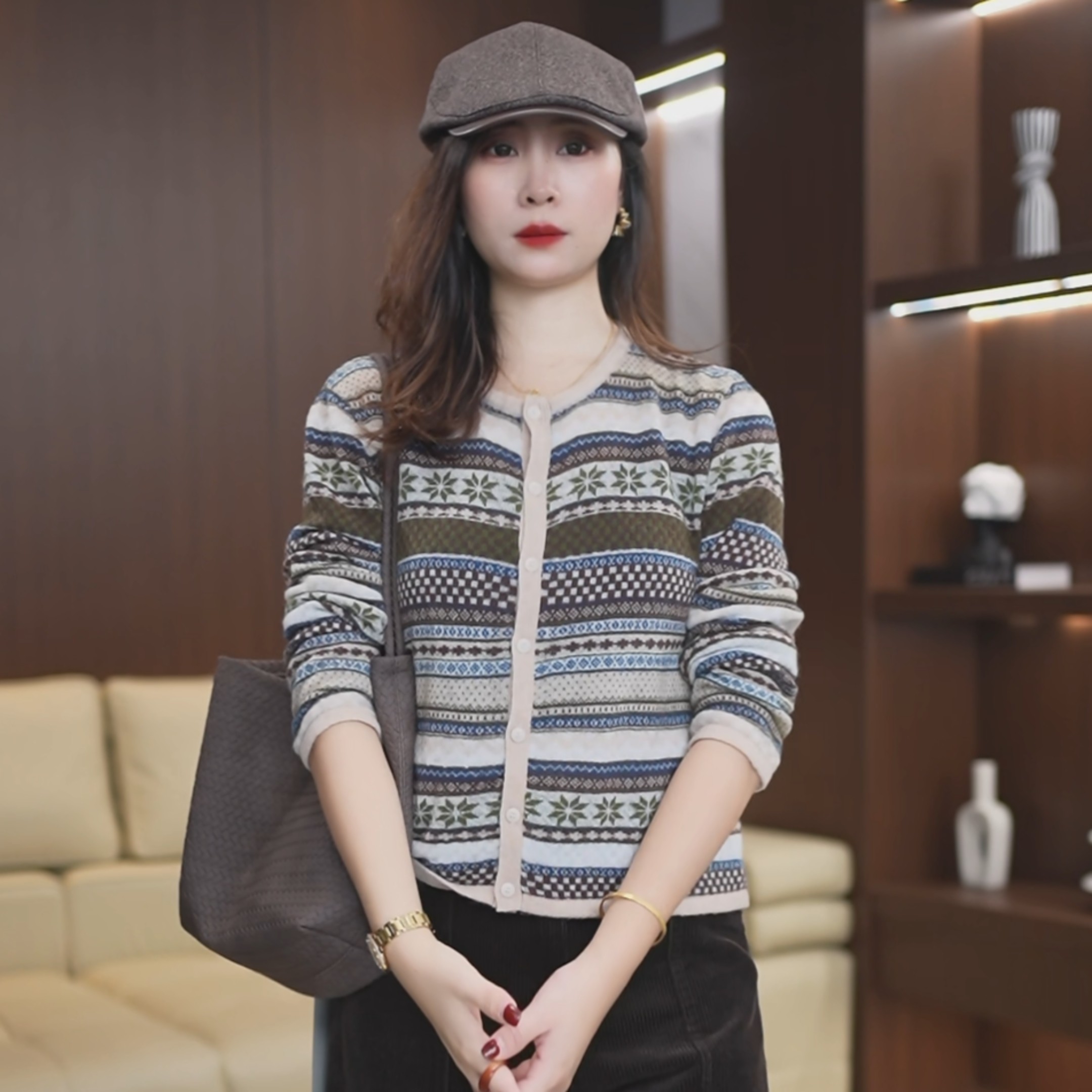 法式费尔岛提花精纺细毛针织开衫女外套毛衣2026新款显瘦打底4631