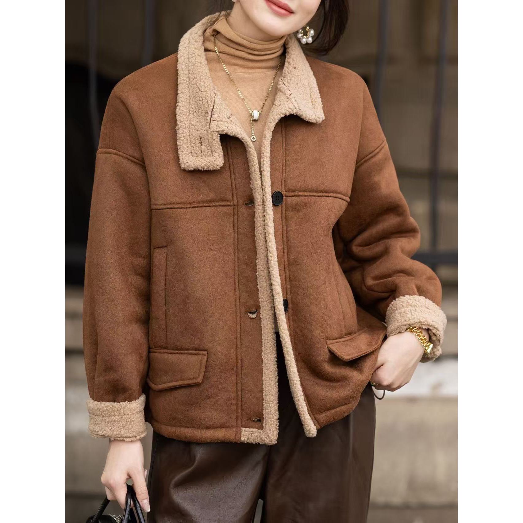 麂皮绒外套女2025秋冬新款短款加厚棉服3492