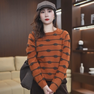 条纹圆领长袖针织衫2026休闲日常简约女士显瘦套头毛衣4604