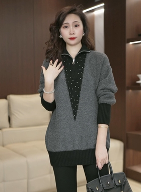 2025秋冬大码女装胖MM高级感灰色假两件针织衫女长袖翻领宽松3632