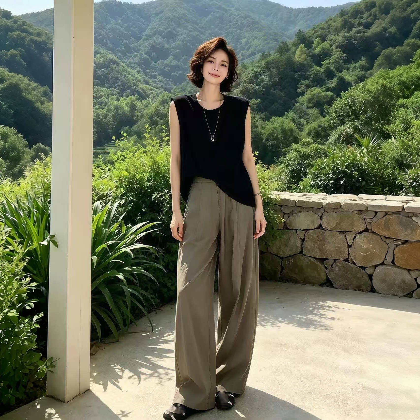 设计感不规则黑色背心高腰阔腿裤套装夏季慵懒风时尚百搭女装1207