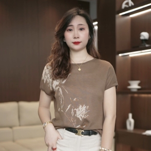 夏季妈妈装印花短袖针织小衫女显瘦洋气薄款上衣冰丝T恤圆领4350