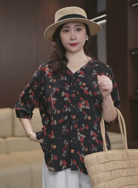 高级感休闲印花衬衫女2026夏宽松大码气质时尚七分袖女装衬衣4435
