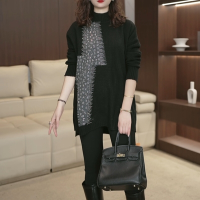 欧货漂亮烫钻半高领毛衣女秋冬2025新款中长遮屁股宽松打底衫4213