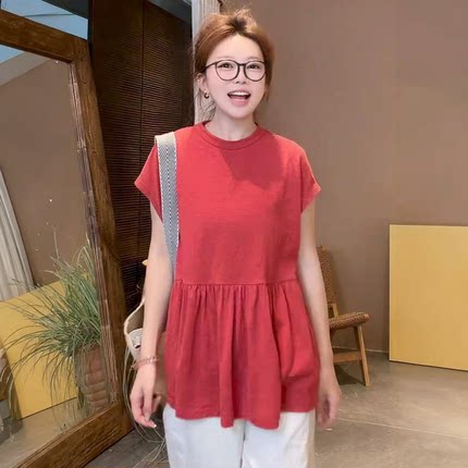 日系宽松满分棉裙摆皱褶娃娃衫夏季休闲短袖T恤女1160
