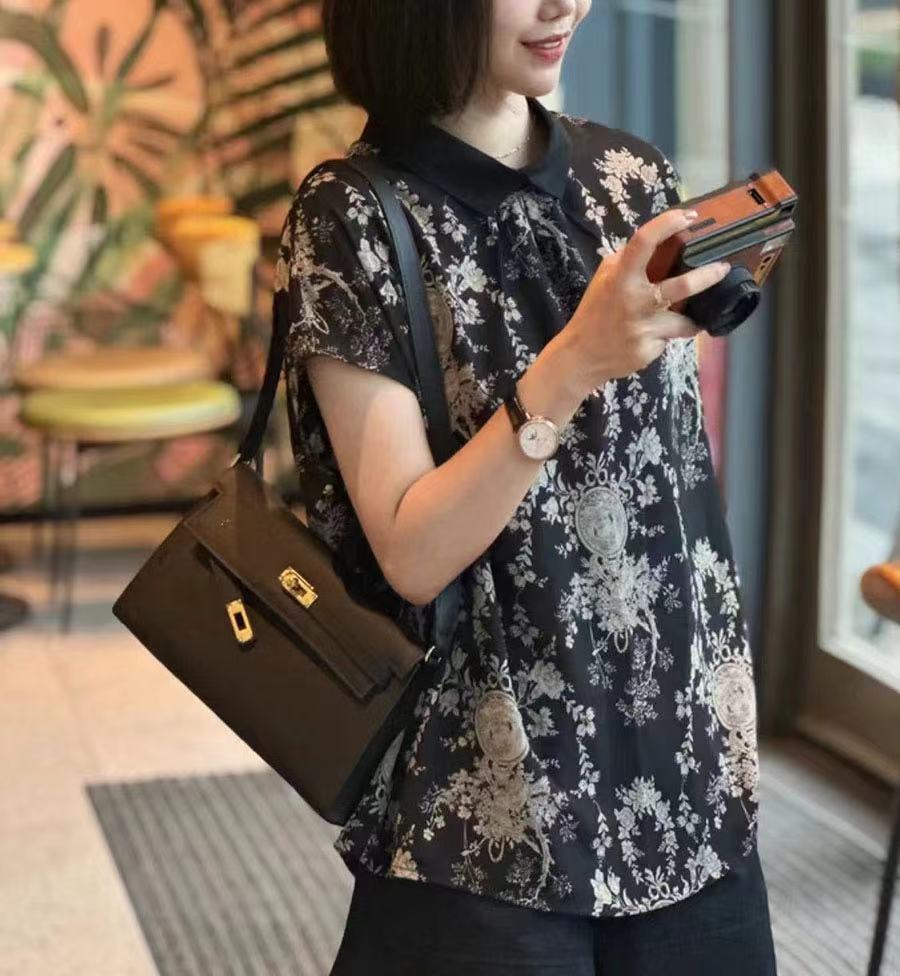 气质设计感百搭碎花衬衫女夏季洋气轻奢花色印花POLO领上衣女1395