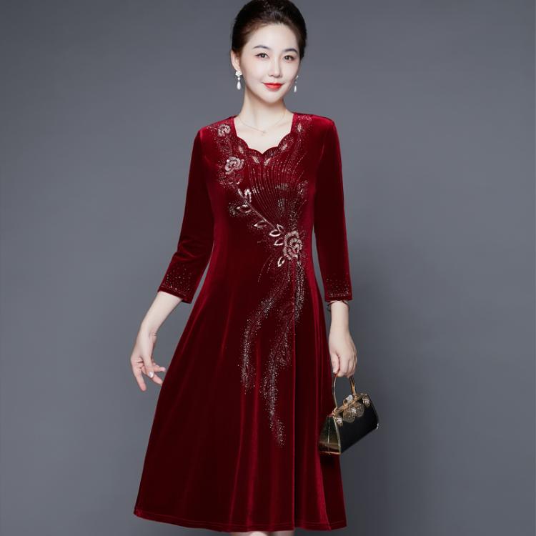 秋季新品女喜妈妈装高贵喜服金丝绒喜婆婆绣花婚礼婚宴礼服连衣裙