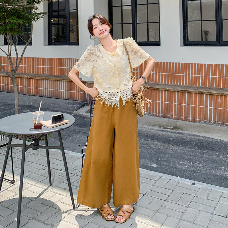 复古高级感一整套穿搭女2025夏季新款气质镂空流苏上衣阔腿裤套装