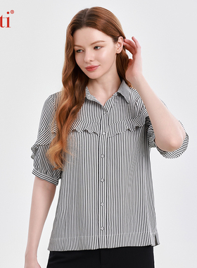 Gitti/吉蒂竖条纹木耳花边五分袖衬衫女宽松大码短袖衬衣G251091
