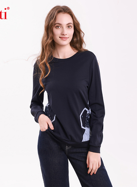 Gitti/吉蒂条纹蕾丝拼接圆领卫衣女显瘦大码针织上衣G255203