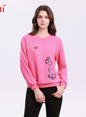 Gitti/吉蒂印花拼接棉卫衣女圆领宽松大码针织上衣G255139