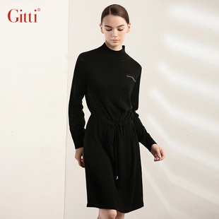 Gitti/吉蒂时尚秋款高领显瘦收腰女装A字羊毛针织连衣裙G215624