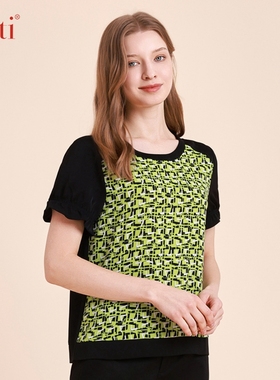 Gitti/吉蒂印花拼接喇叭袖T恤女宽松大码显瘦圆领短袖G241135