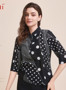 Gitti/吉蒂新品撞色印花中袖衬衫女宽松大码POLO领衬衣G241025