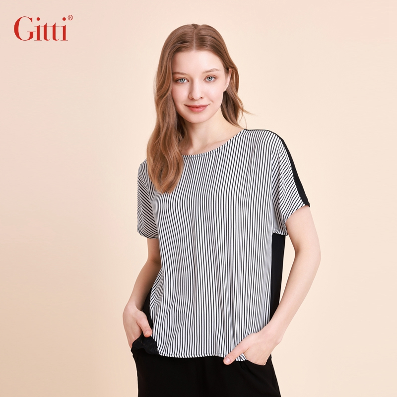Gitti/吉蒂短袖竖条纹印花拼接