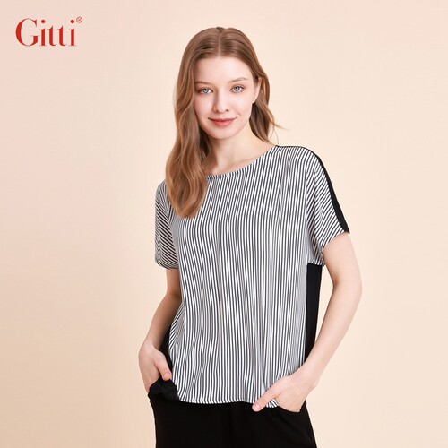 Gitti/吉蒂短袖竖条纹印花拼接