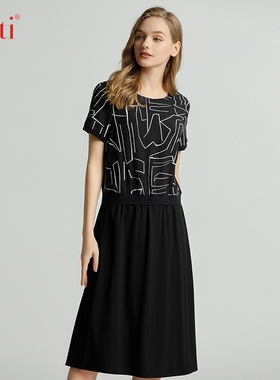 Gitti/吉蒂时尚印花假二件拼接连衣裙女收腰显瘦修身裙子G231116