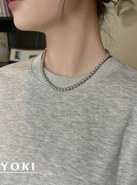 YOKI 超酷休闲冷清高品质灰色珍珠链条拼接项链女小众个性