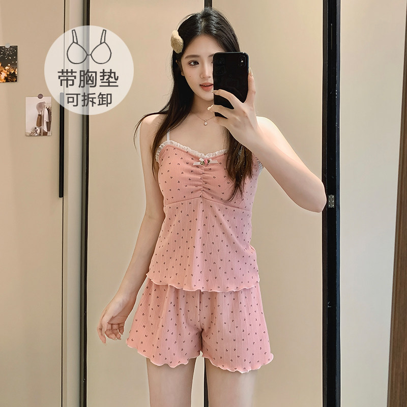 带胸垫睡衣女夏季甜美ins风爱心碎花吊带棉质短裤两件套装家居服