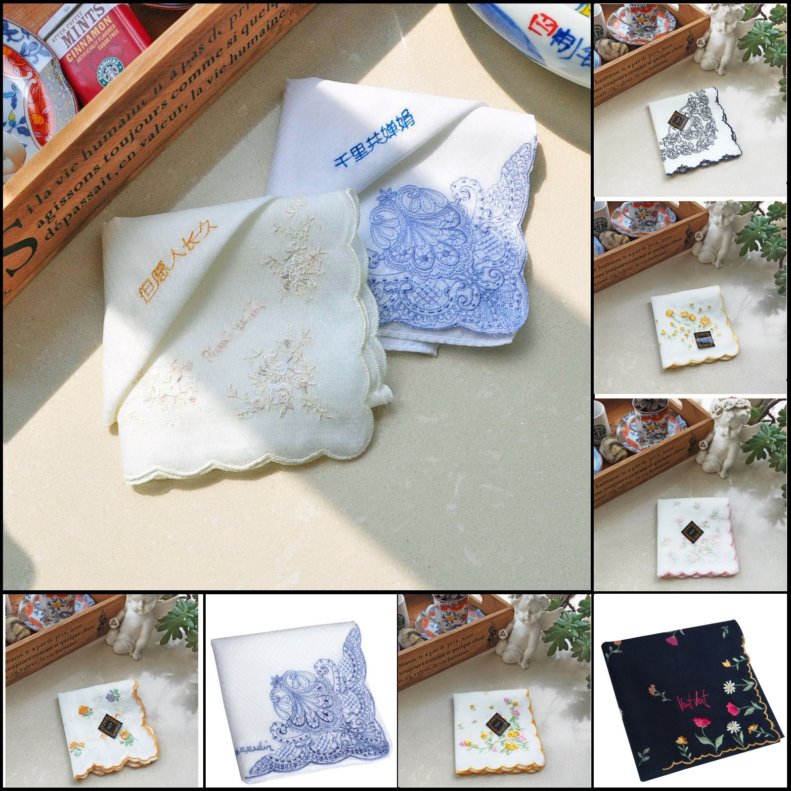 星曌韩版七夕礼品女士手帕蕾丝角花缎面工艺月牙边公主绣花棉手绢
