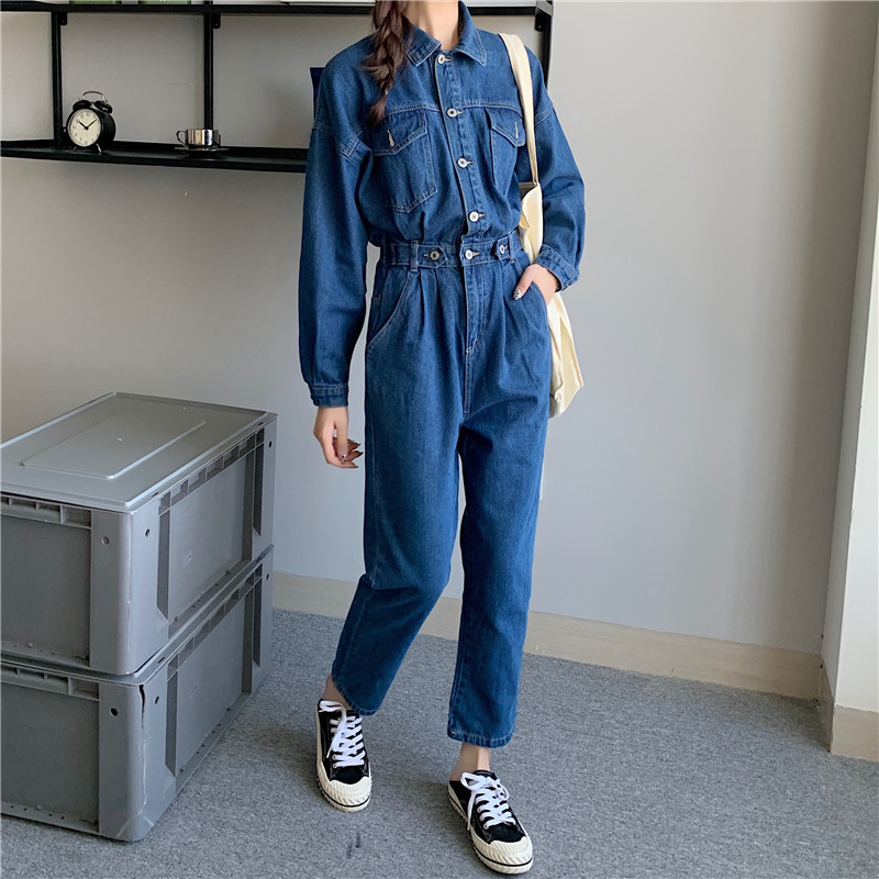 牛仔连体裤女春秋韩版高腰显瘦气质长袖连衣裤休闲时髦工装套装女_虎窝淘