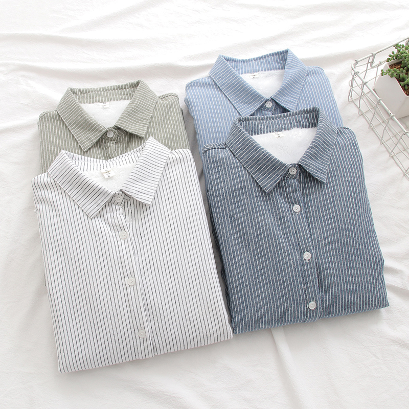 加绒加厚条纹衬文艺宽松内搭