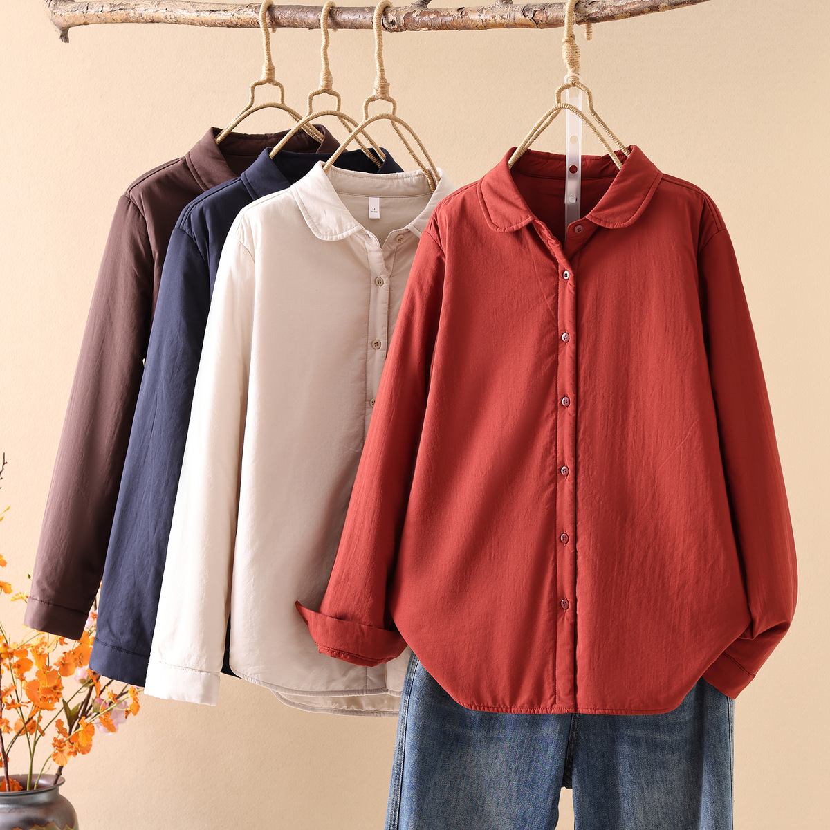 简约纯色圆领夹棉加厚衬衫女