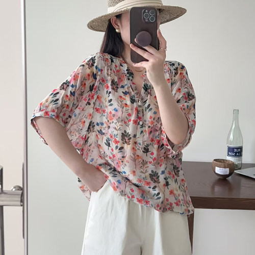 短袖V领碎花衬衫女宽松显瘦