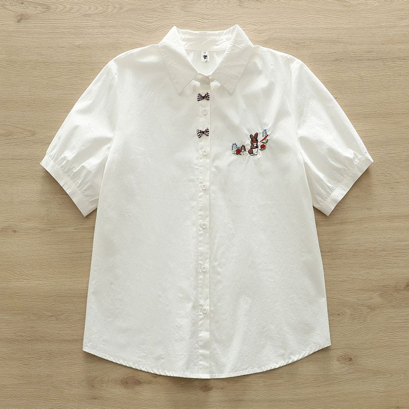 白衬衫女短袖夏季薄款刺绣学生衬衣小清新纯棉宽松文艺休闲上衣