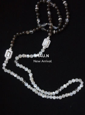 MauN法式小众优雅秋冬长款毛衣链歌剧链天然石白月光黑银串珠项链