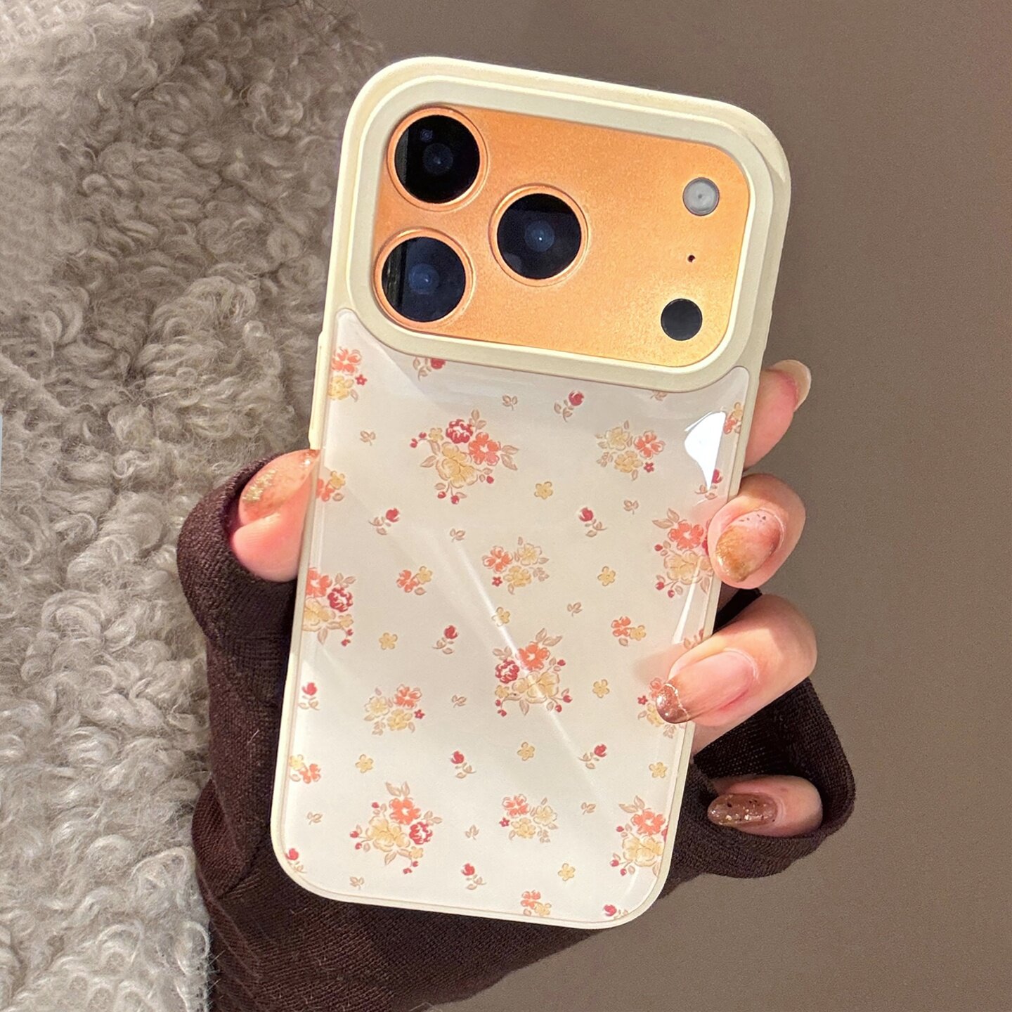 滴胶橘黄碎花适用苹果17promax手机壳15硬可iPhone16女14艺术13好看华为mate60/70新款p70/80三星s23/s24/s25